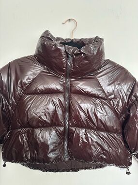 Zara Shiny Cropped Puffer Jacket - Dark Brown